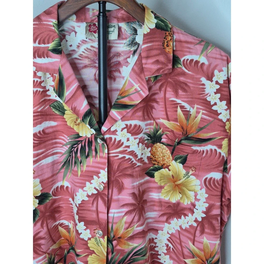 Hilo Hattie Vintage Hawaiian Shirt Mens Large Pink Pineapple Hibiscus Cotton